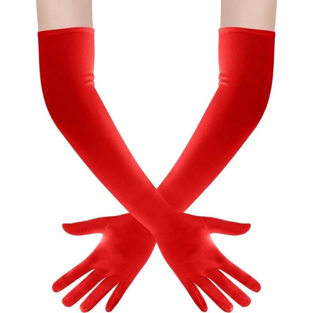 Women's Red Long Satin Opera Fabric Gloves Party Tea Stretchy Elbow Length